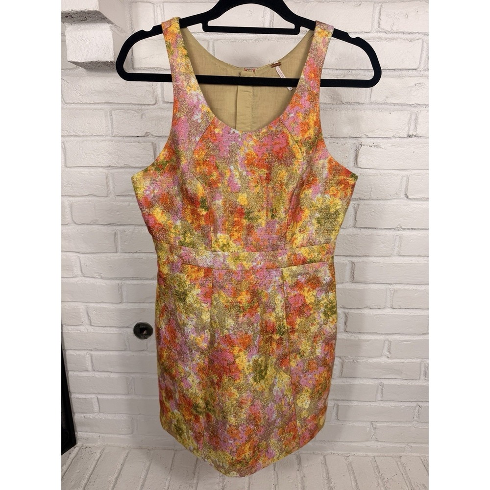 Free People Metallic Floral Sheath Dress Gold Pink Orange Size 4 Mini